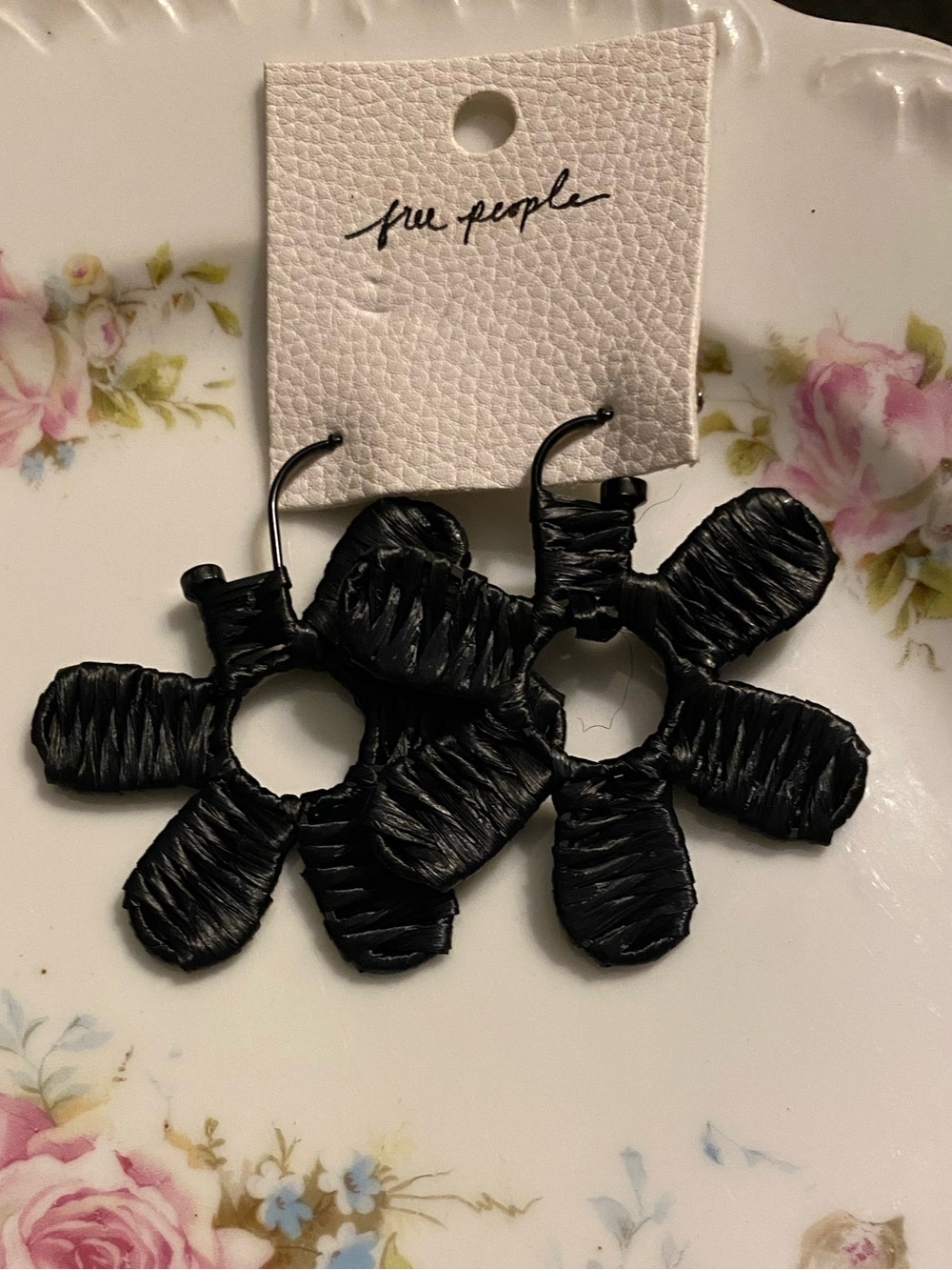 Free People Black Raffia Floral Hoop Earrings